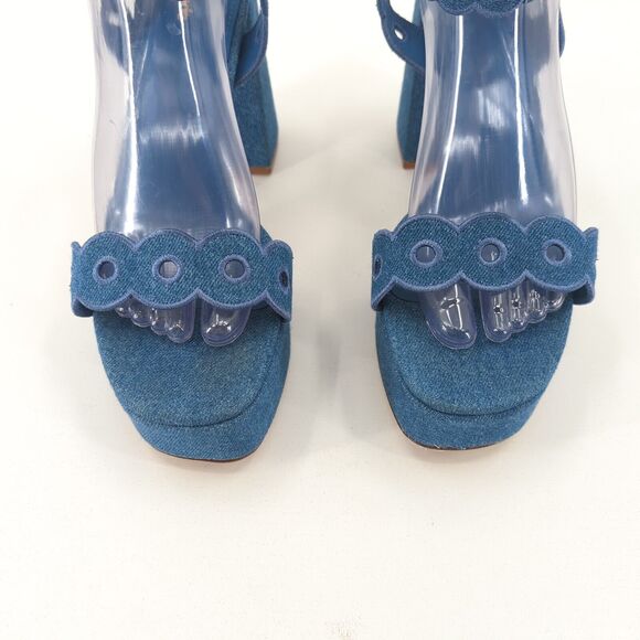 Larroude Women 11 Dolly Broderie Sandal Blue Stoned Denim Platform Ankle Strap - Picture 5 of 11